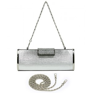 Evening Bag - 12 PCS - Hard Case w/ Rhinestone Accent Flap Closure - Silver - BG-M1023SL-SV